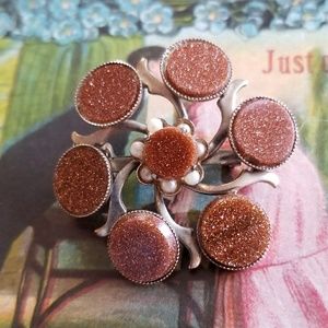 Vintage brooch with goldstone and faux seed pearls